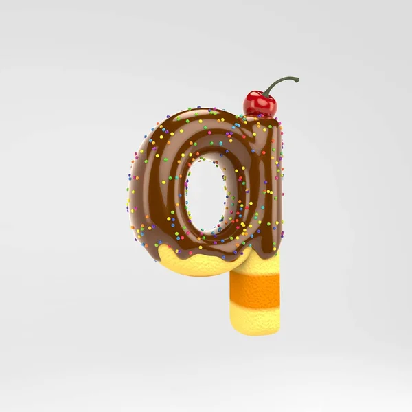 Letter Q lowercase. Cake font with chocolate, sprinkles and cherry on top isolated on white background.