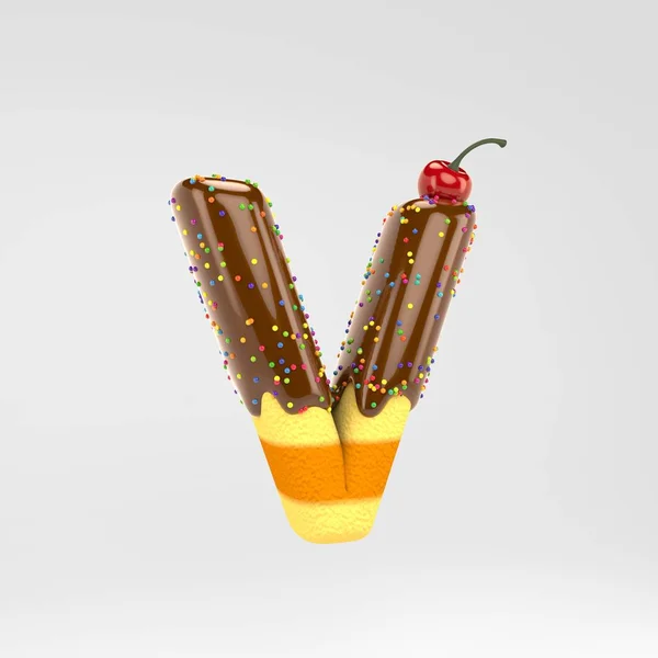 Letter V uppercase. Cake font with chocolate, sprinkles and cherry on top isolated on white background.