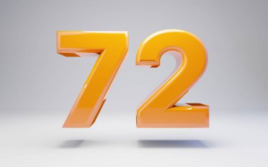 72 numara. Beyaz arka plan üzerinde izole 3d turuncu parlak sayı.