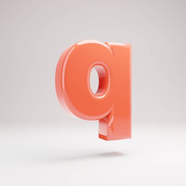 Q harfi küçük harf. Parlak yansımaları ve beyaz arka plan üzerinde izole gölge ile Yaşayan Coral yazı tipi.