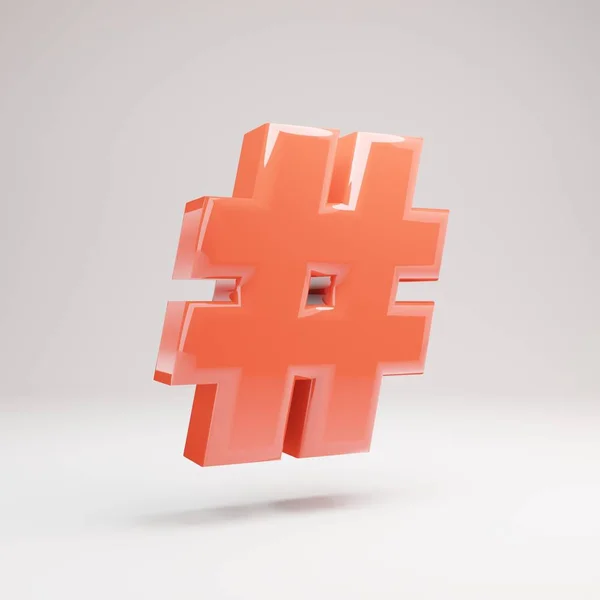 Hashtag-symbool. Levende koraal lettertype met glanzende reflecties en schaduw geïsoleerd op witte achtergrond. — Stockfoto