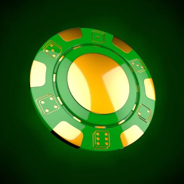Kumarhane jetonu. Klasik casino oyunu 3d cips. Kumar kavramı, altın tasarım öğeleri ile yeşil poker fişleri.