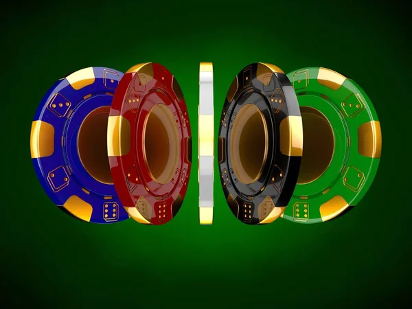3D Casino chips. Spel koncept, färgglada pokermarker med gyllene designelement. — Stockfoto