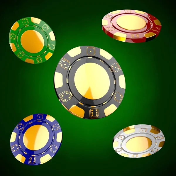 Gestapelde poker chips. Klassieke casino spel 3D-tokens. Gokconcept, zwarte poker chips met gouden design elementen. — Stockfoto