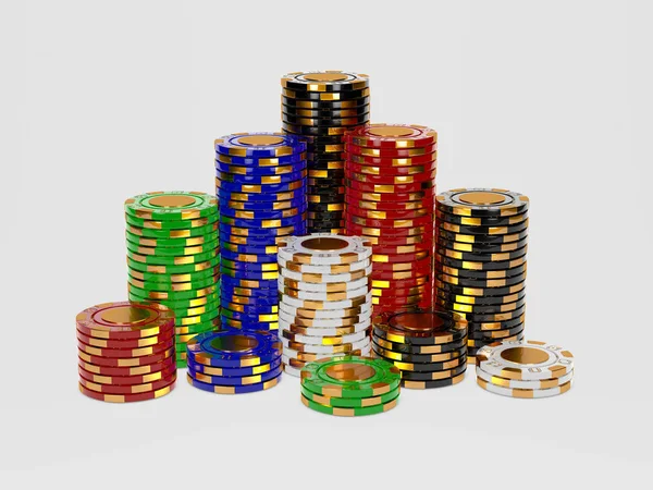 Staplade pokermarker. Klassiska casino spel 3D-tokens. Spel koncept, Black poker chips med gyllene designelement. — Stockfoto