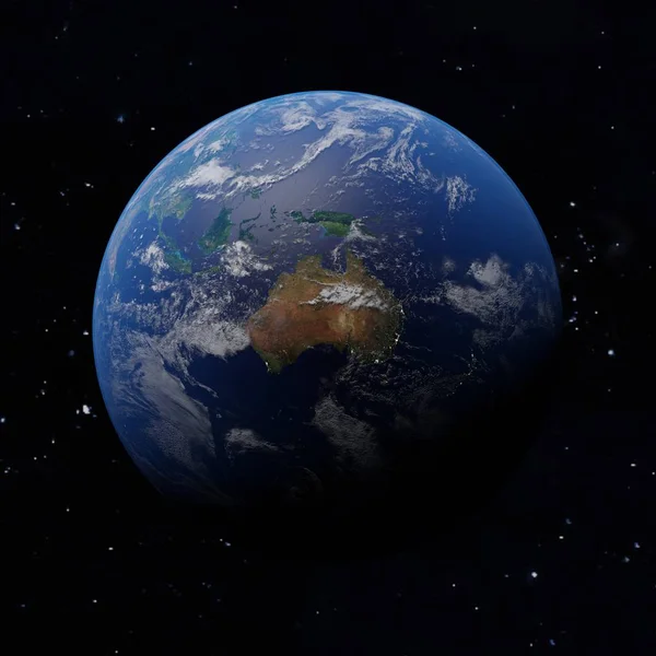 Planet Earth. Australia in center with city lights in dark areas