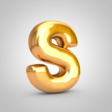 Altın metalik balon harfi S büyük harfi beyaz arkaplanda izole edilmiş..