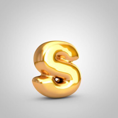 Altın metalik balon harfi S küçük harf beyaz zemin üzerinde izole.