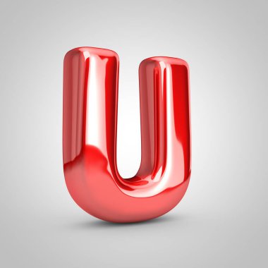 Beyaz arka planda izole edilmiş kırmızı metalik balon harfi U büyük harfi. 3d resimlendirme.