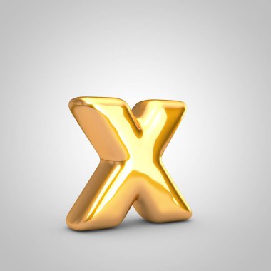 Altın metalik balon harfi X küçük harf beyaz zemin üzerinde izole.