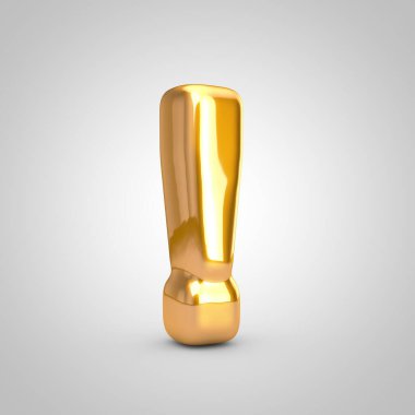 Beyaz arkaplanda izole edilmiş altın metalik balon ünlem sembolü.