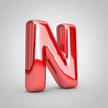 Kırmızı metalik balon harfi N büyük harfi beyaz arka planda izole edilmiş. 3d resimlendirme.