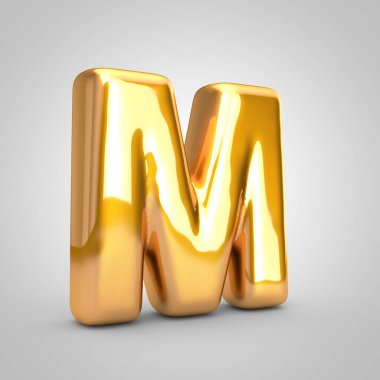 Altın metalik balon harfi M büyük harf beyaz zemin üzerinde izole.