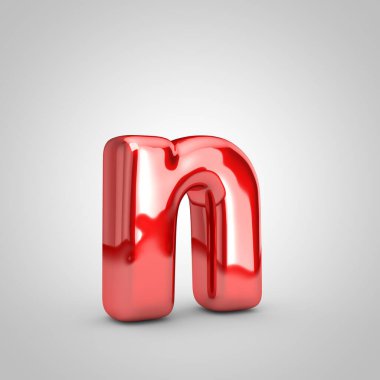 Beyaz arka planda kırmızı metalik balon harfi ve küçük harf var. 3d resimlendirme.