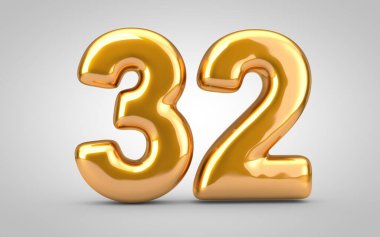 Beyaz zemin üzerinde izole edilmiş 32 numaralı altın metalik balon.