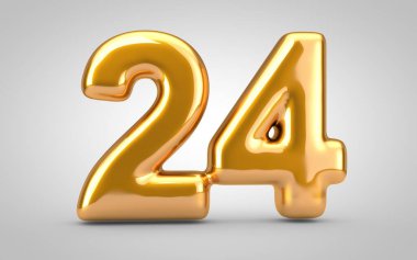 Beyaz zemin üzerinde izole edilmiş 24 numaralı altın metalik balon.
