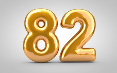 82 numaralı altın metalik balon beyaz arka planda izole edilmiş..