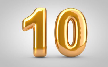 Golden metallic balloon number 10 isolated on white background.