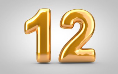 Golden metallic balloon number 12 isolated on white background.