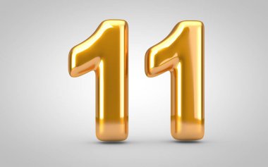 Golden metallic balloon number 11 isolated on white background.