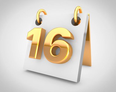 Altın tasarım elementleri içeren masa takvimi, ayın 16. günü