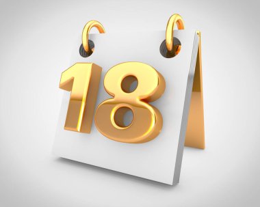 Altın tasarım elementleri içeren masa takvimi, ayın 18. günü.