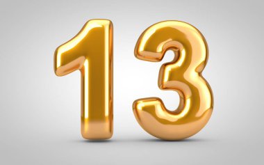 Golden metallic balloon number 13 isolated on white background.