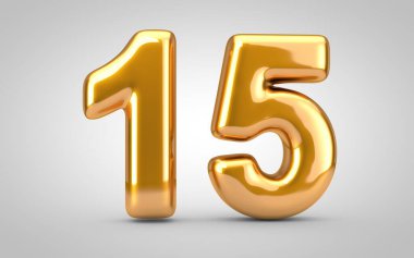 Golden metallic balloon number 15 isolated on white background.