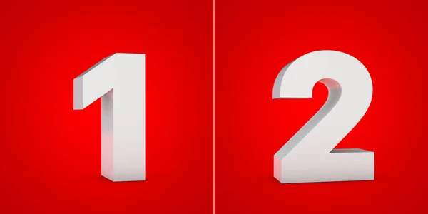 Branco números 3D 1 e 2 isolado em fundo vermelho . — Fotografia de Stock