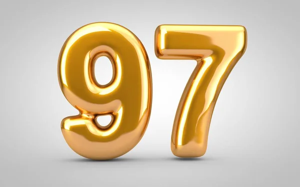 Goldener metallischer Ballon Nummer 97 isoliert auf weißem Hintergrund. — Stockfoto
