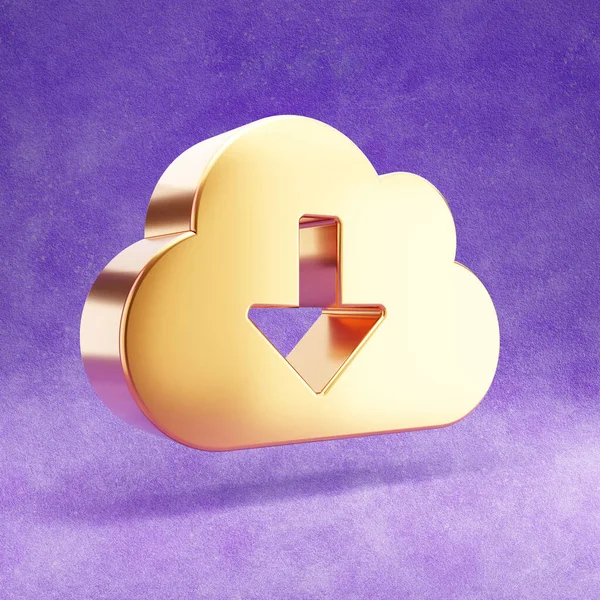 Download from cloud icon. Gold glossy Download from cloud storage symbol isolated on violet velvet background.