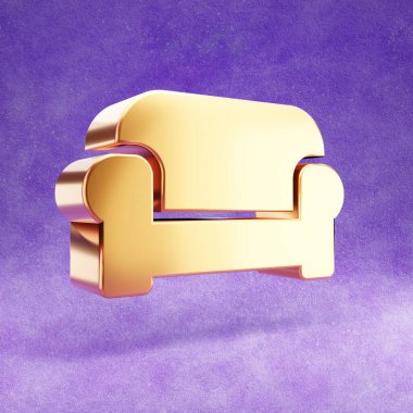 Koltuk ikonu. Mor kadife arka planda izole edilmiş altın renkli kanepe sembolü.