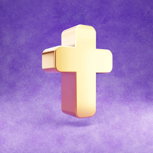 Cross icon. Gold glossy Cross symbol isolated on violet velvet background. — Stock Photo, Image