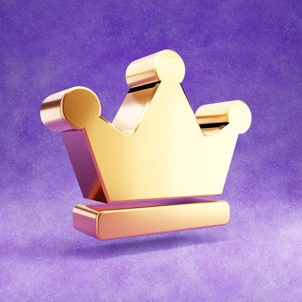 Ícone coroa. Ouro brilhante símbolo da coroa isolado no fundo de veludo violeta . — Fotografia de Stock