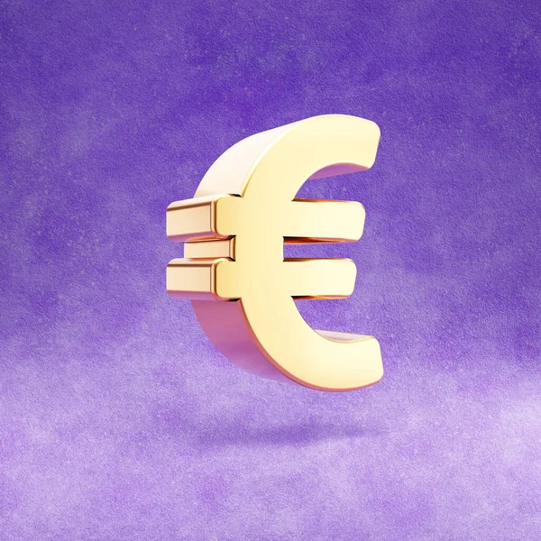 Euro-Symbol. Gold glänzendes Euro-Symbol isoliert auf violettem Samthintergrund. — Stockfoto
