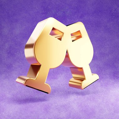 Şampanya bardakları ikonu. Mor kadife arka planda izole edilmiş altın renkli gözlük sembolü.