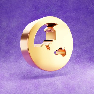 Dünya küresi ikonu. Mor kadife arka planda izole edilmiş altın renkli Dünya küre sembolü.