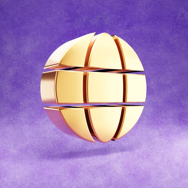 Earth globe icon. Gold glossy Earth globe symbol isolated on violet velvet background.