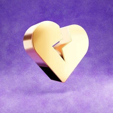 Kırık kalp ikonu. Mor kadife arka planda izole edilmiş altın parıltılı kırık kalp sembolü.