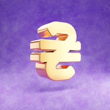 Hryvnia ikonu. Mor kadife arka planda izole edilmiş altın sarısı Hryvnia sembolü.