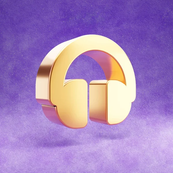 Ikona słuchawek. Złoty błyszczący symbol słuchawki izolowane na fioletowym aksamitnym tle. — Zdjęcie stockowe