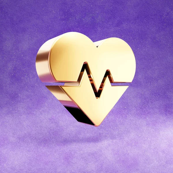 Heartbeat icon. Gold glossy Heart beat symbol isolated on violet velvet background. — Stock Photo, Image