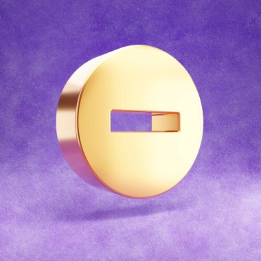 Eksi simge. Menekşe kadife arkaplanda izole edilmiş altın parıltılı Minus simgesi.