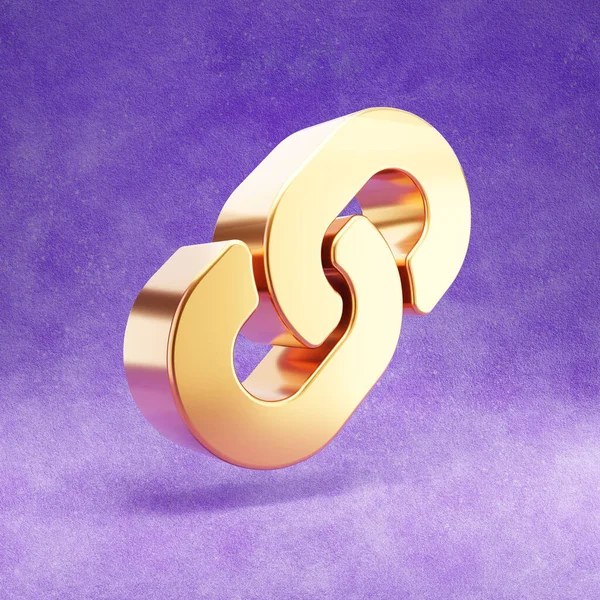 Link icon. Gold glossy Link symbol isolated on violet velvet background.
