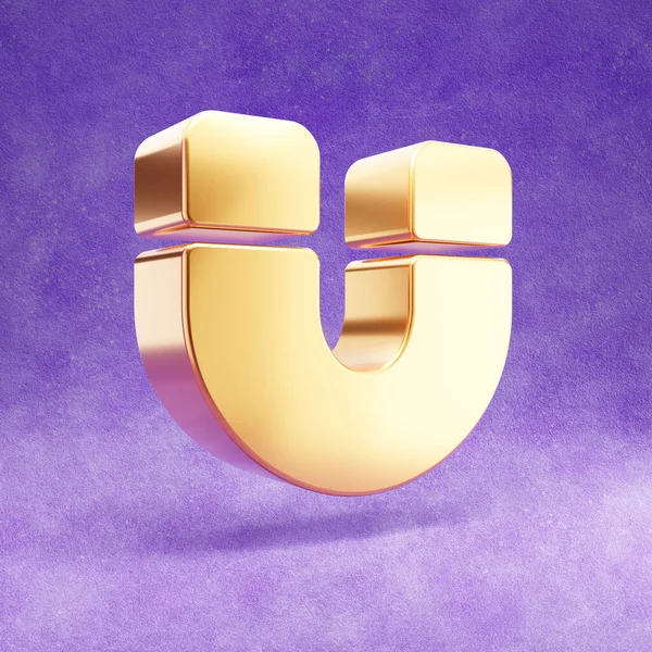 Magnet icon. Gold glossy Magnet symbol isolated on violet velvet background.