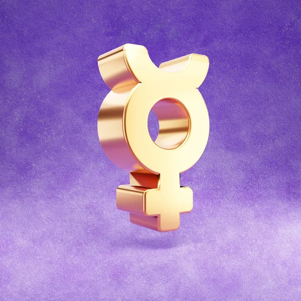 Mercury icon. Gold glossy Mercury symbol isolated on violet velvet background.