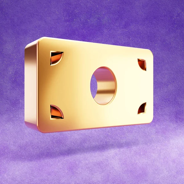 Icono del billete. Oro brillante billete de dinero símbolo aislado sobre fondo de terciopelo violeta . —  Fotos de Stock