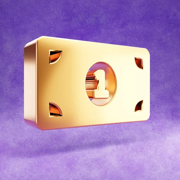 Bankbiljet icoon. Goud glanzend geld Bill symbool geïsoleerd op violet fluweel achtergrond. — Stockfoto