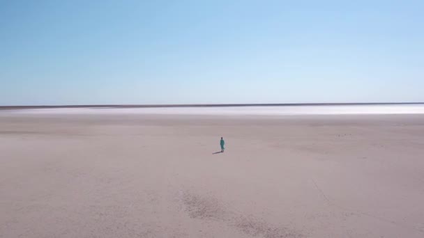 美しいです女性で長い青いドレス一人で塩デザートで歩く. — ストック動画