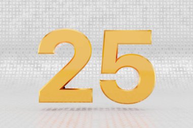 Sarı 3D numara 25. Metal zemin zemininde parlak sarı metalik numara var. 3d oluşturulmuş yazı tipi karakteri.